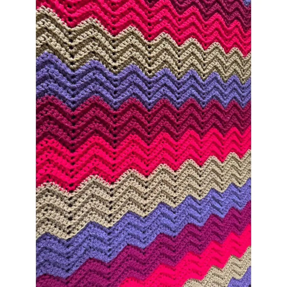 VTG Handmade Crochet Ripple Afghan Retro Chevron Multicolor Blanket Throw Cozy